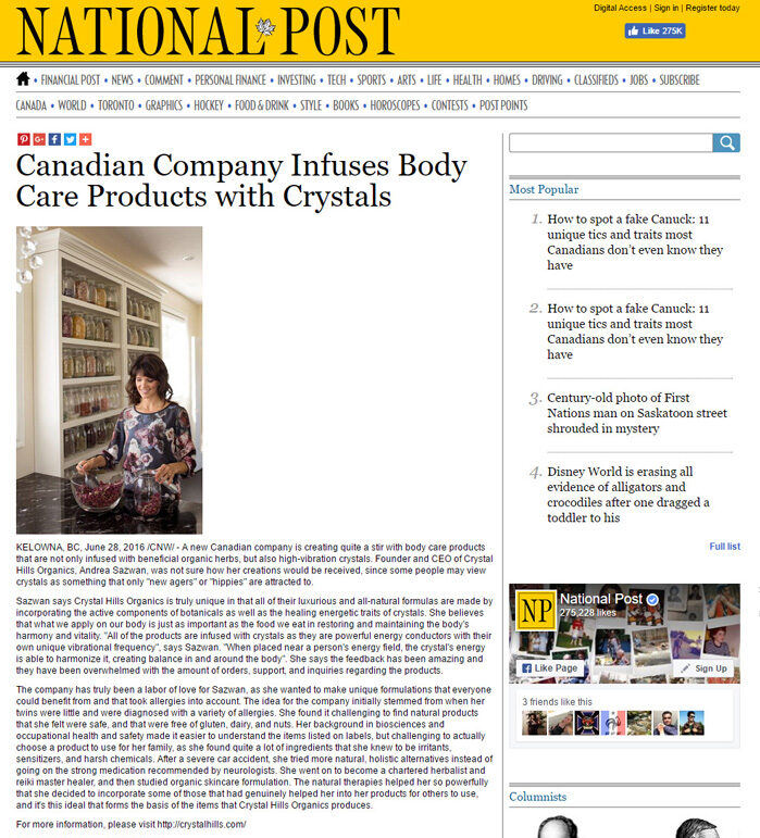 National Post features Andrea Barone and Crystal Hills Organics
