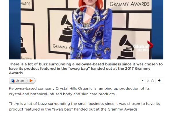 Global News features Andrea Barone from Crystal Hills Organics about having products in the Grammy Swag Bags
