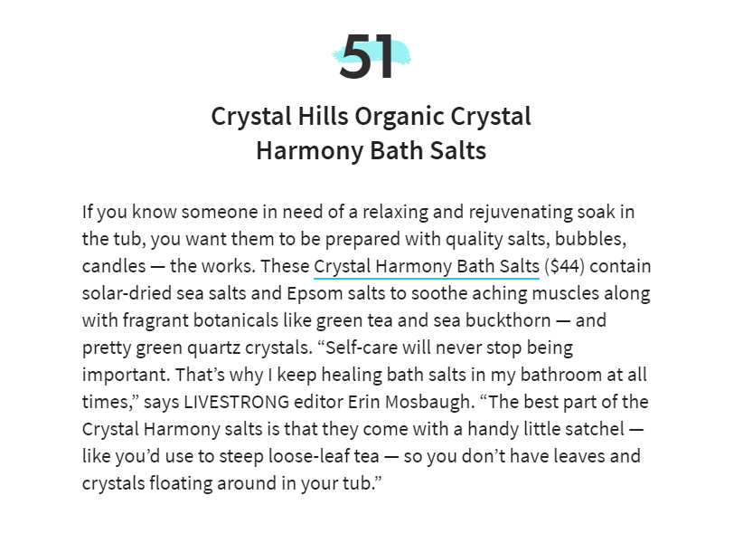 Livestrong features Crystal Hills Organics, Crystal Harmony Bath Salts