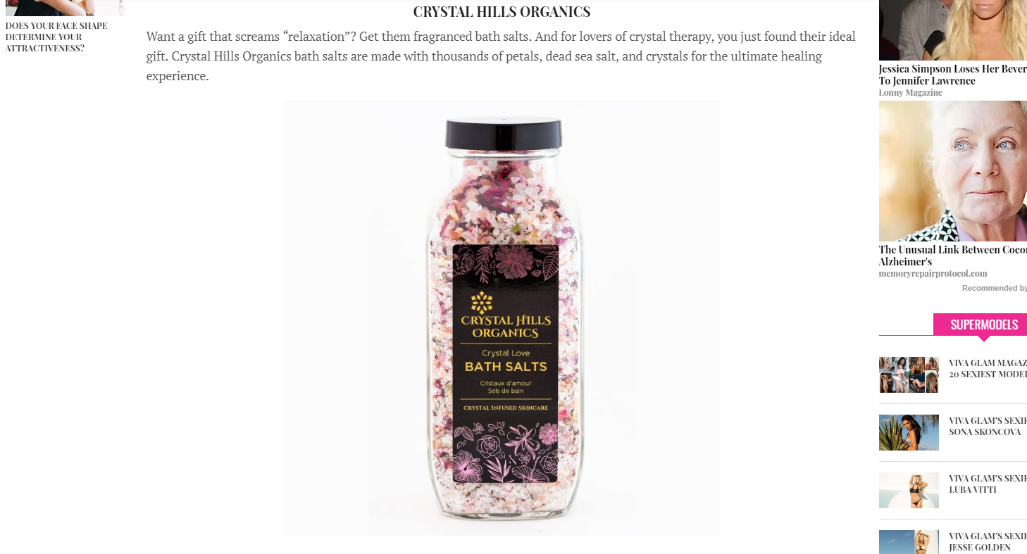 Viva Glam Magazine features Crystal Hills Organics, Crystal Love Bath Salts