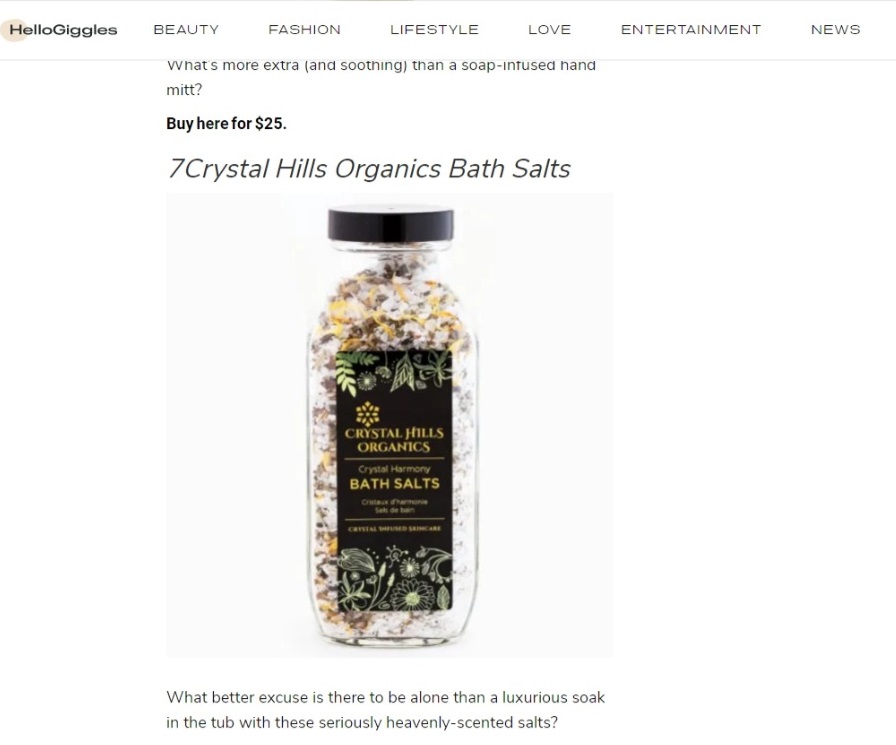 Hello Giggles features Crystal Hills Organics, Crystal Harmony Bath Salts