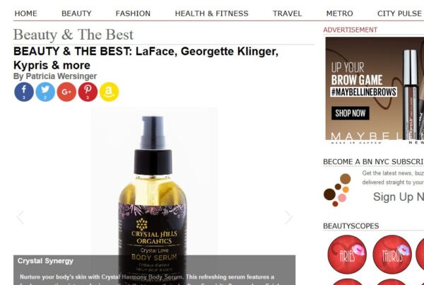 Beauty News NYC features Crystal Hills Organics