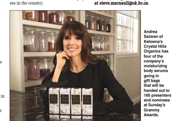 The Daily Courier features Andrea Barone from Crystal Hills Organics regarding having products in the Grammy Swag Bags
